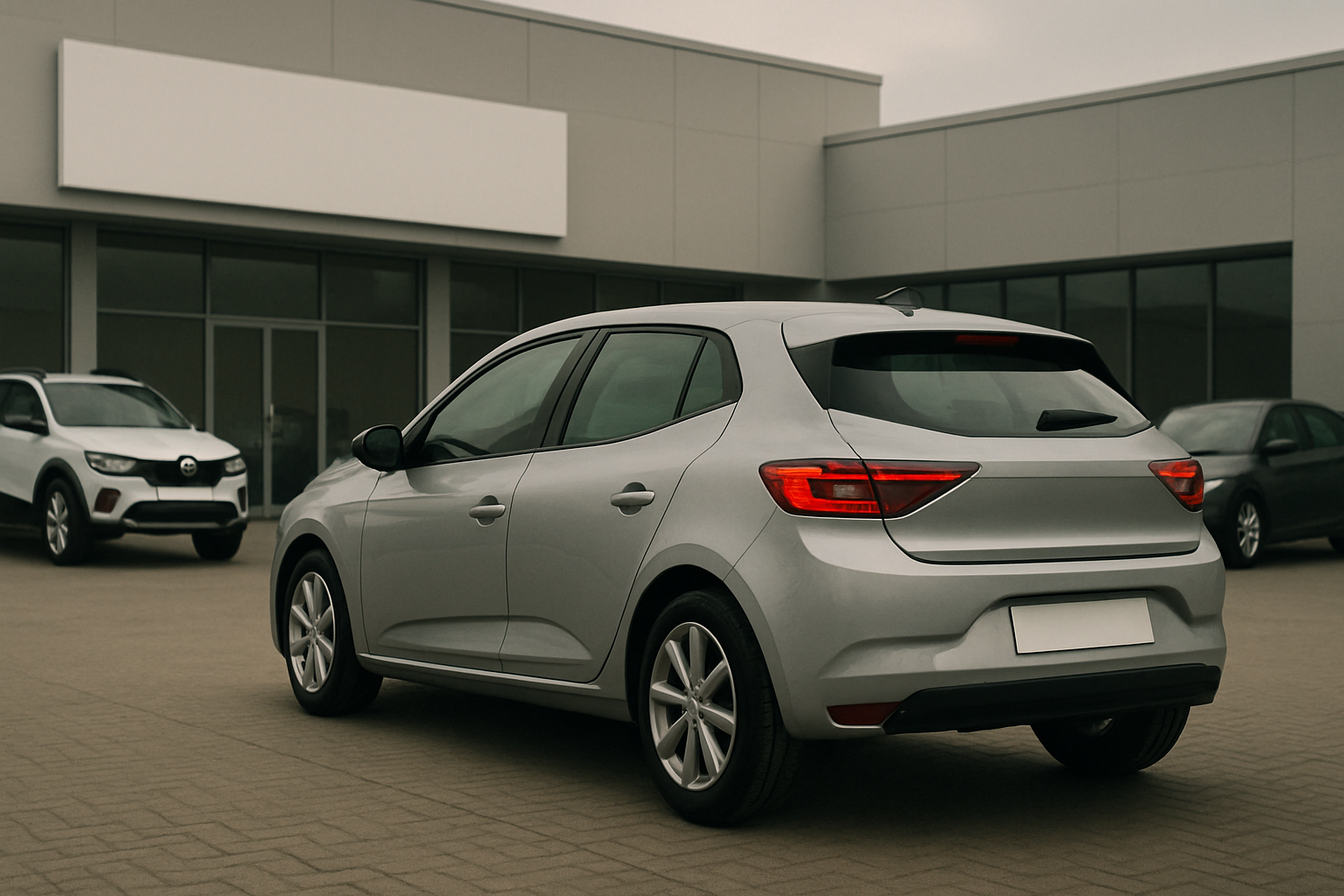 A silver hatchback parked on a paved forecourt outside a modern, grey-walled car dealership on an overcast day