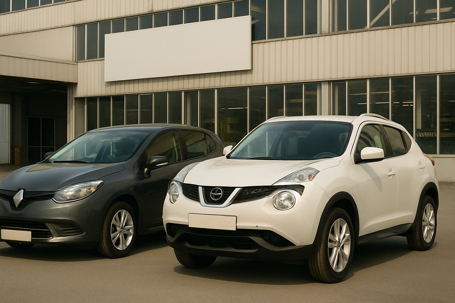 A white compact SUV and a dark grey hatchback parked side by side in front of a beige industrial building in daylight