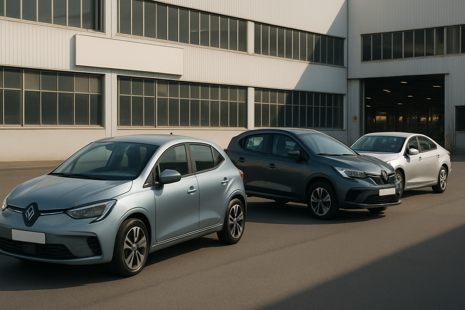Three stylized hatchback cars in metallic silver, blue and grey tones are parked on smooth tarmac beside a modern factory building