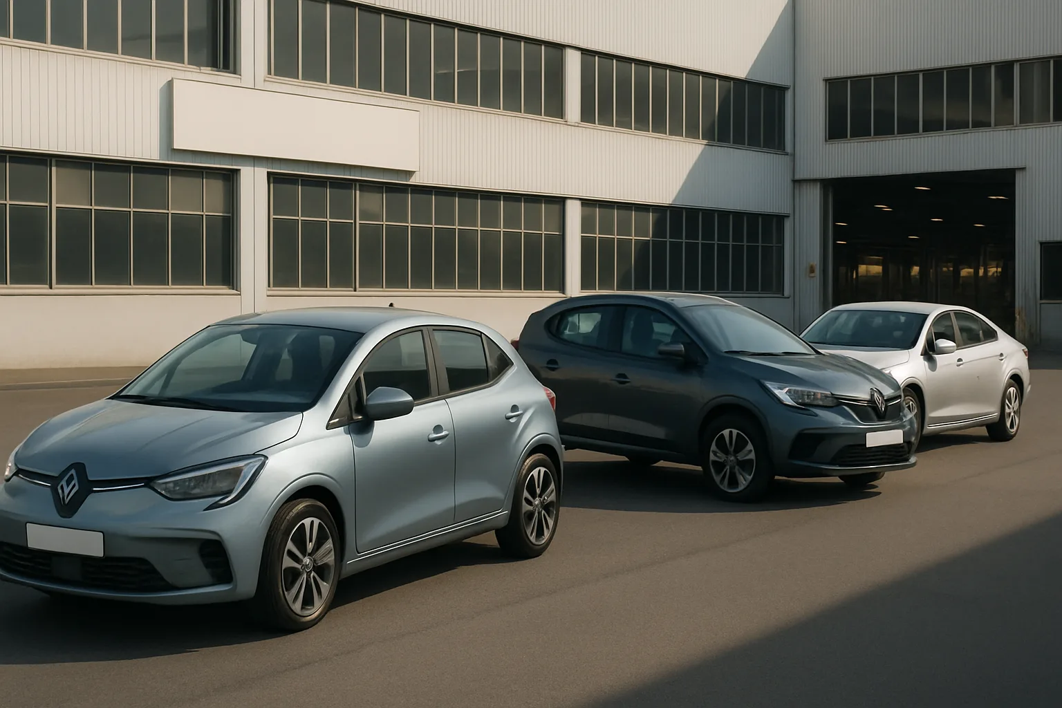 Three stylized hatchback cars in metallic silver, blue and grey tones are parked on smooth tarmac beside a modern factory building