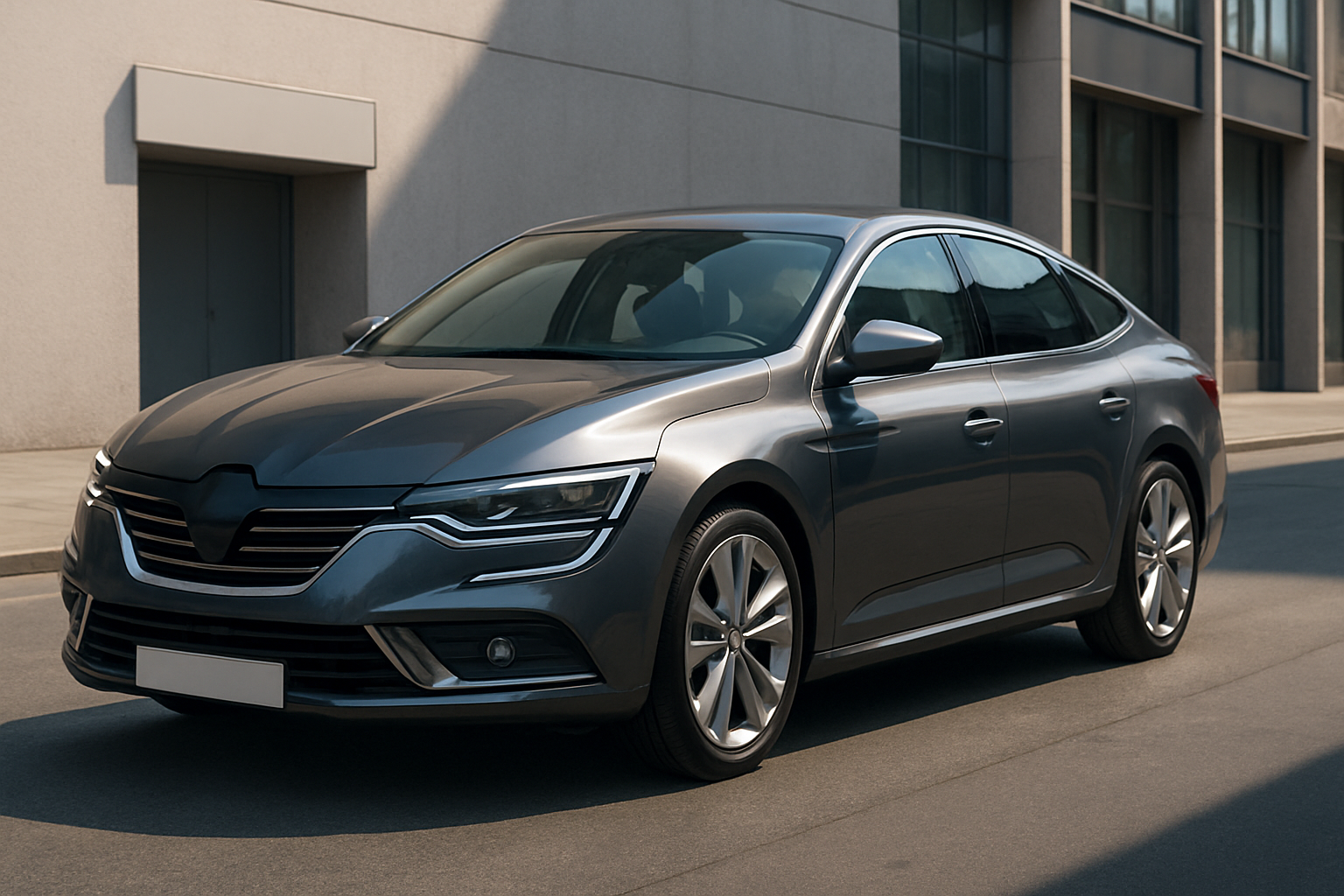 Sleek metallic grey car with smooth curves and sharp LED headlights parked beside a modern concrete building