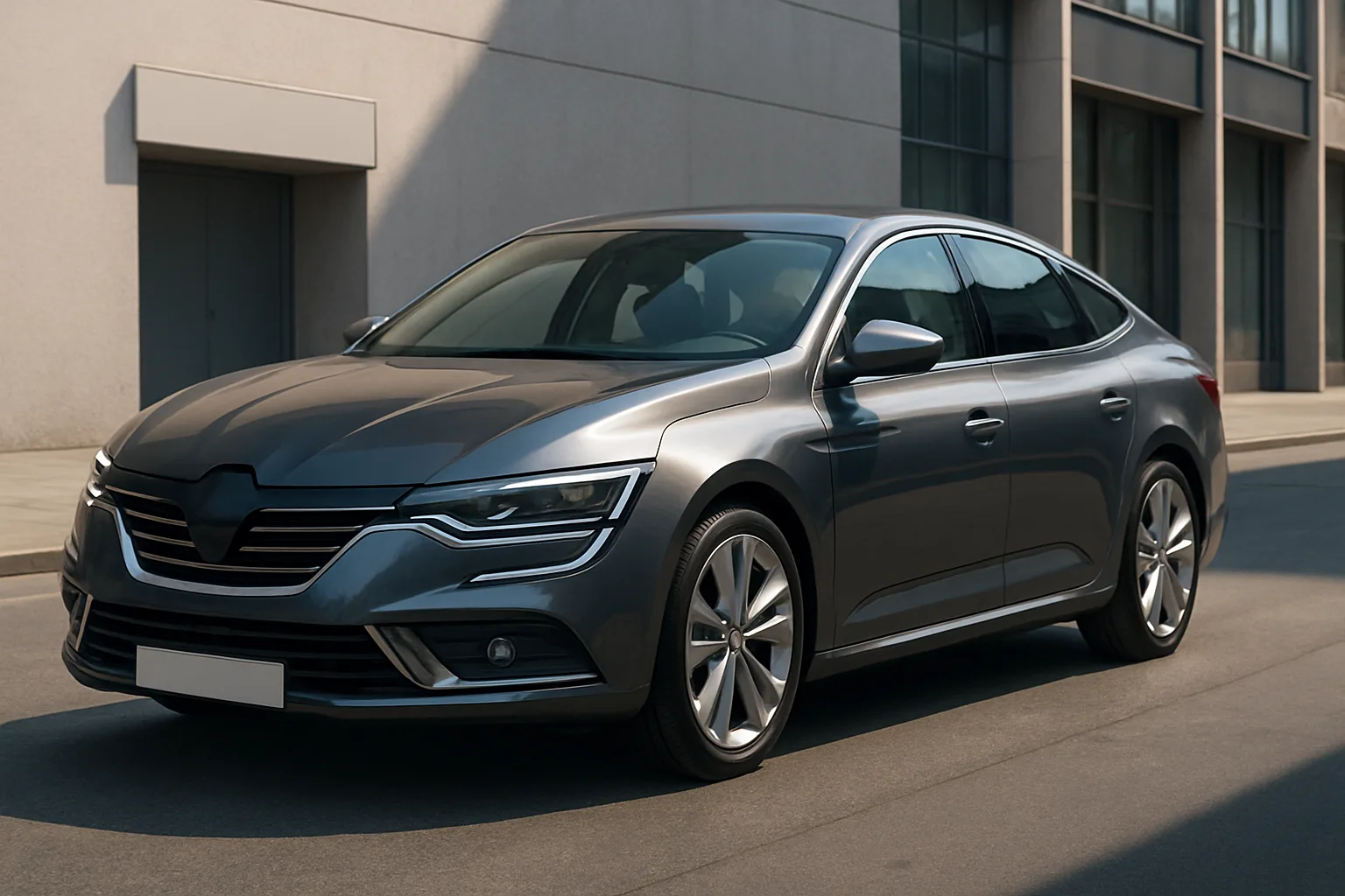 Sleek metallic grey car with smooth curves and sharp LED headlights parked beside a modern concrete building