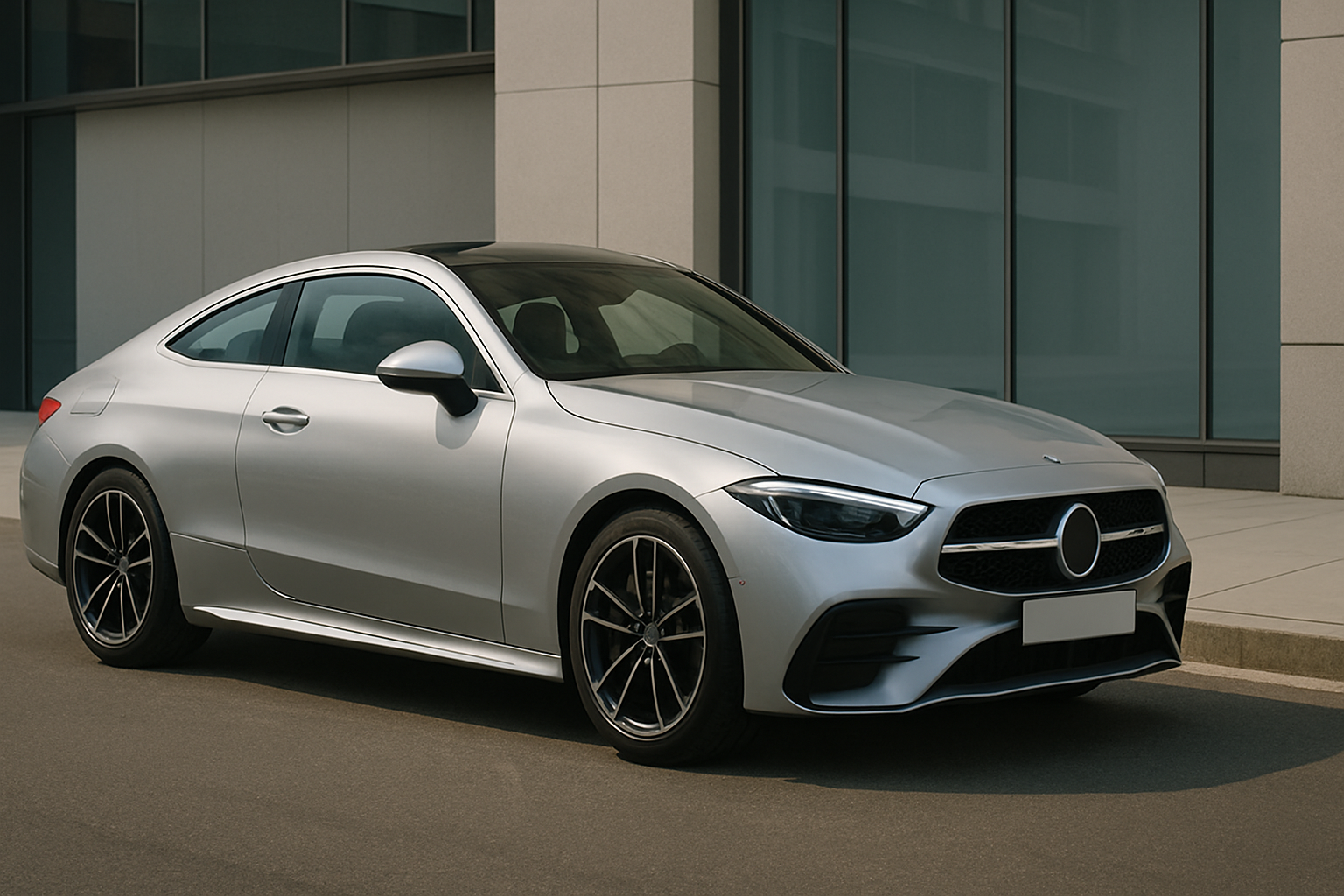 A sleek silver coupe with dark tinted windows, black accents and five-spoke wheels parked beside a modern building