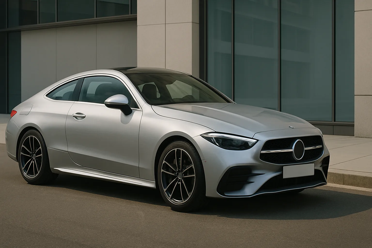 A sleek silver coupe with dark tinted windows, black accents and five-spoke wheels parked beside a modern building