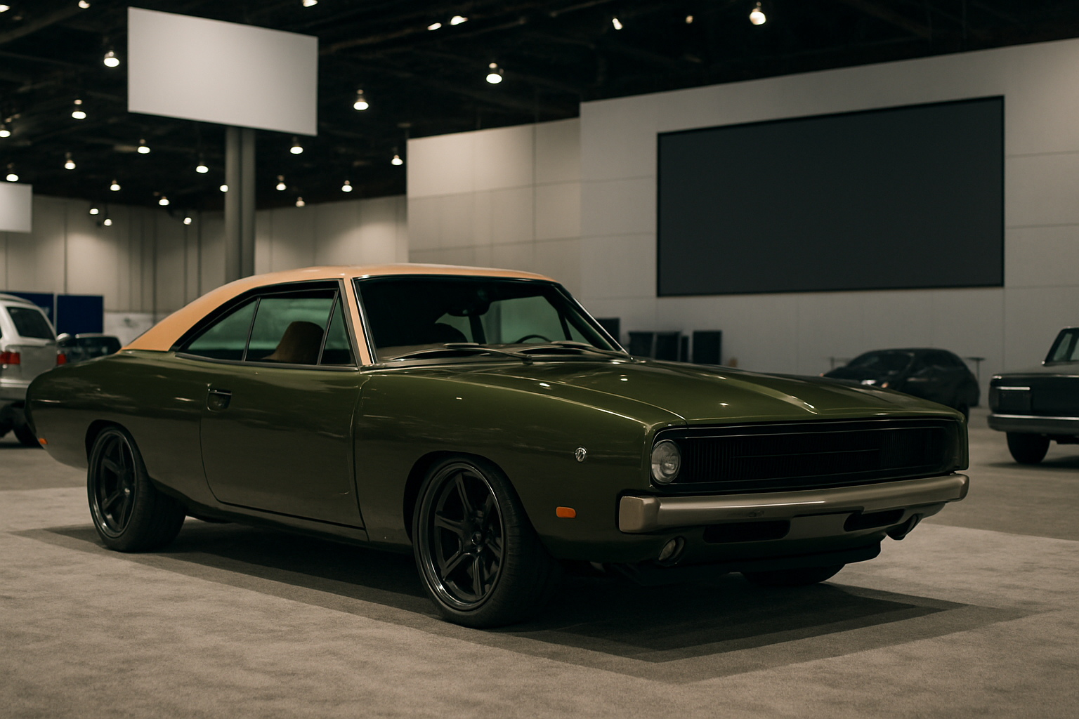 Classic-style coupe with olive green body, tan roof, black wheels and trim, displayed under soft indoor lighting in a spacious hall