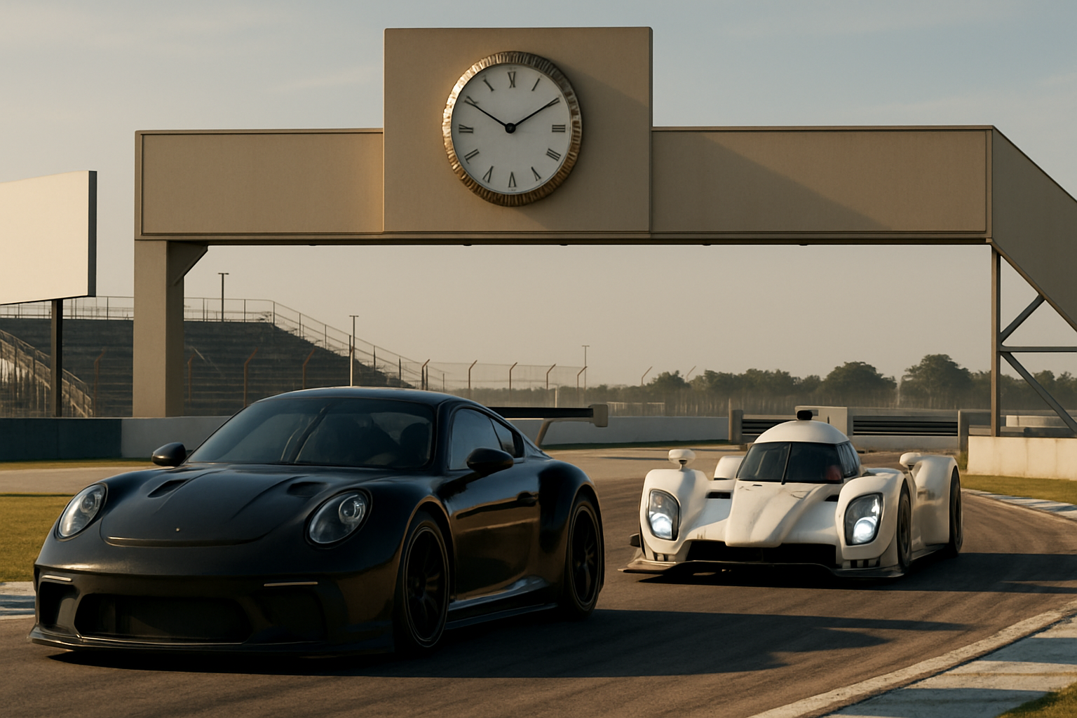 Two stylized race cars speed past a modern trackside clock tower under warm, early morning light
