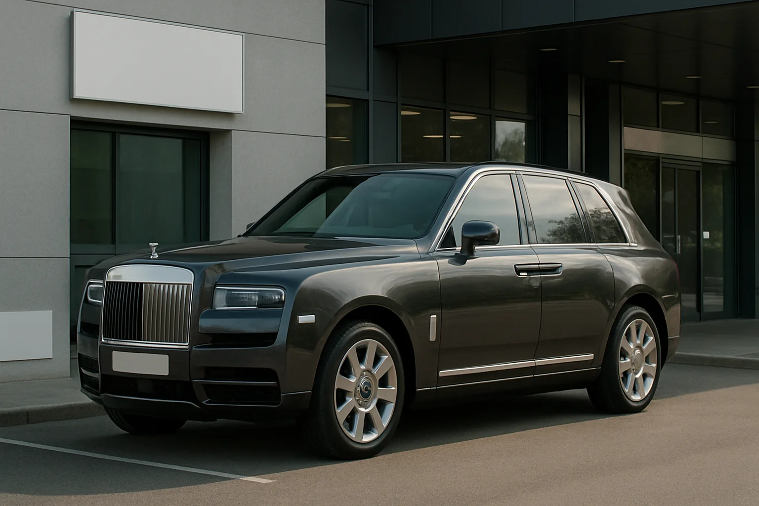 Large, sleek grey SUV with chrome accents and tinted windows parked outside a modern glass-fronted building