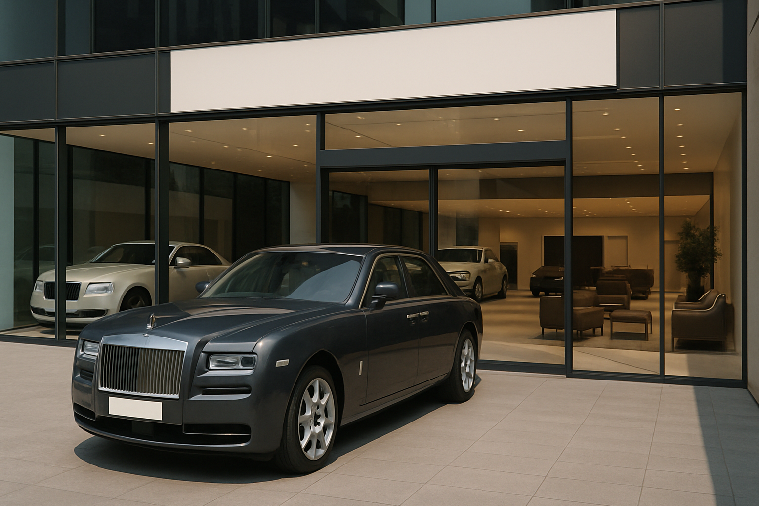 Sleek dark grey car parked on light pavement outside a modern glass-fronted building with beige interiors and bright lighting