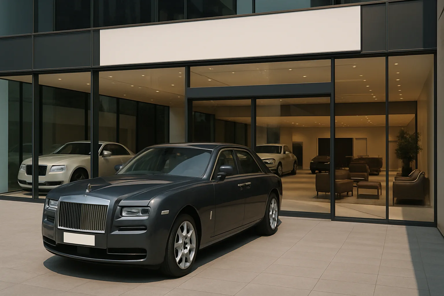 Sleek dark grey car parked on light pavement outside a modern glass-fronted building with beige interiors and bright lighting