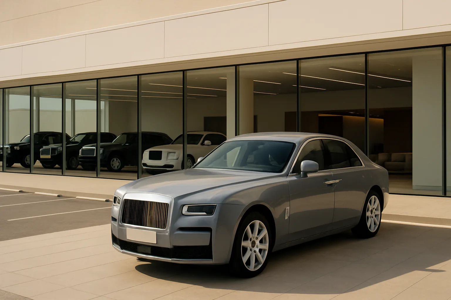 A sleek silver car on pale paving outside a modern building with large glass windows reflecting parked cars inside