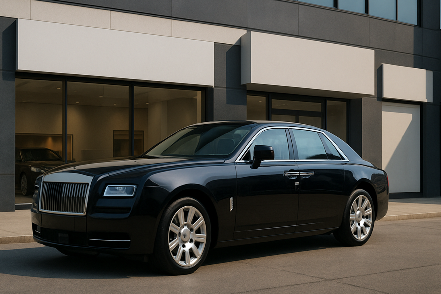 A sleek, glossy black luxury sedan with chrome accents parked in sunlight outside a modern building with large windows