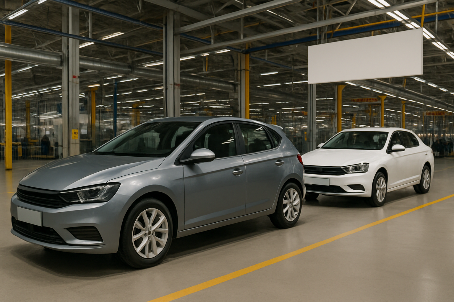 Two modern compact cars, one silver and one white, parked inside a bright, spacious car factory with yellow columns