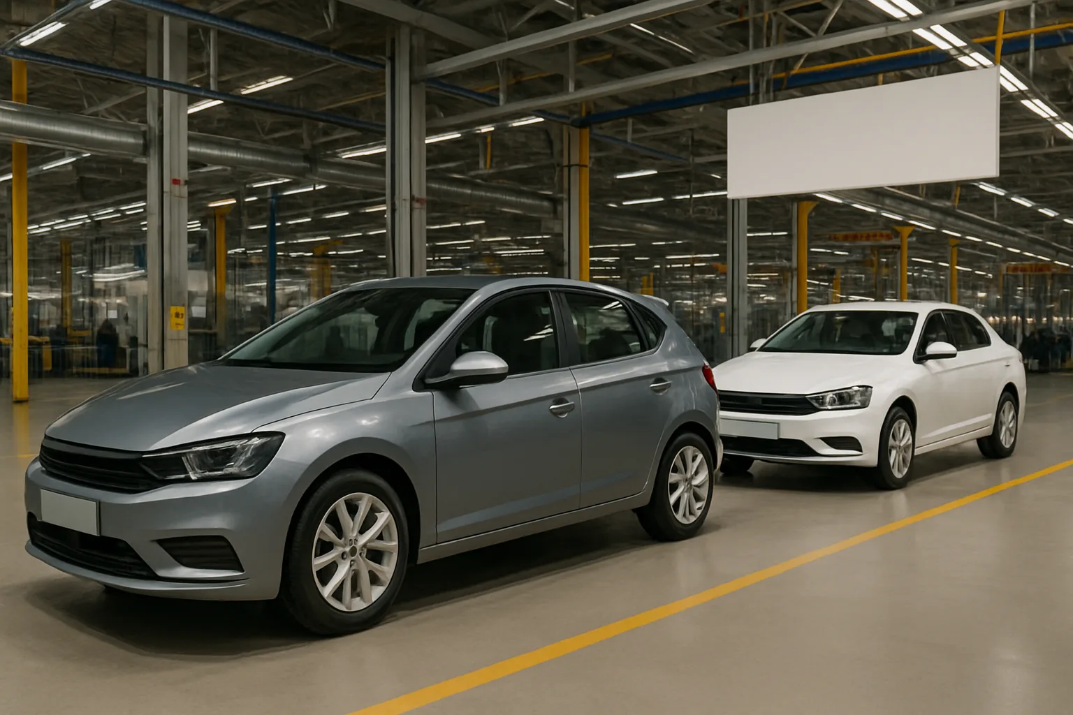 Two modern compact cars, one silver and one white, parked inside a bright, spacious car factory with yellow columns