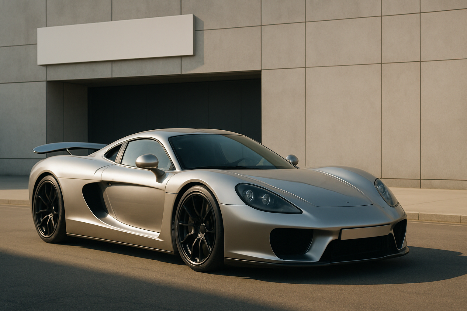 Sleek silver supercar with black wheels and tinted windows parked on sunlit smooth pavement before a minimalist concrete building