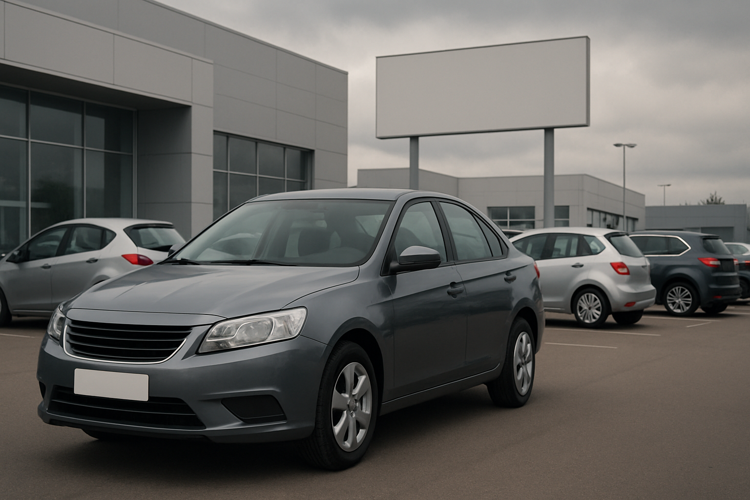 Grey sedan parked in the foreground of a dealership lot with other cars and blank white signs on a cloudy day