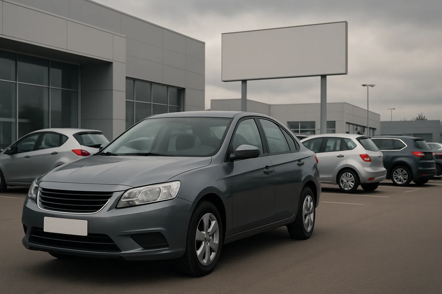 Grey sedan parked in the foreground of a dealership lot with other cars and blank white signs on a cloudy day