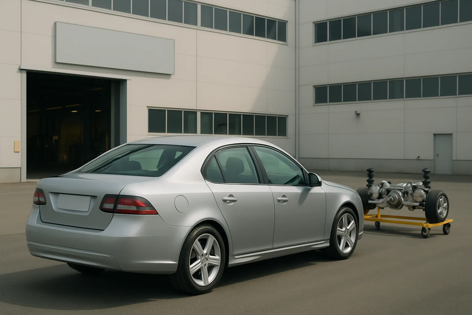 A silver sedan parked on an empty concrete lot beside a wheeled yellow platform holding a metallic chassis assembly
