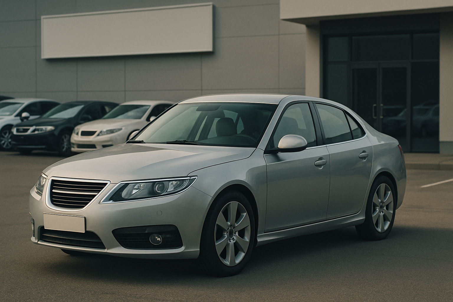 A silver sedan parked at an angle in an empty lot with muted lighting, flanked by other cars against a grey building
