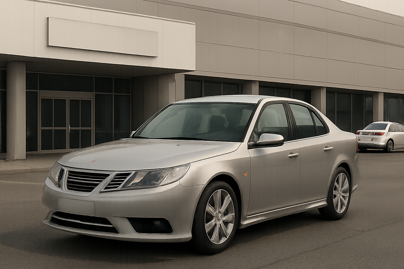 A silver sedan parked on an empty street in front of a modern, grey commercial building under an overcast sky
