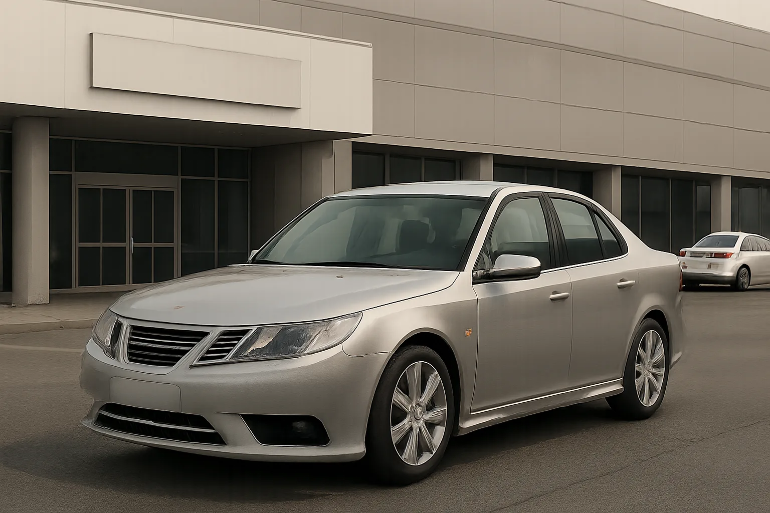 A silver sedan parked on an empty street in front of a modern, grey commercial building under an overcast sky