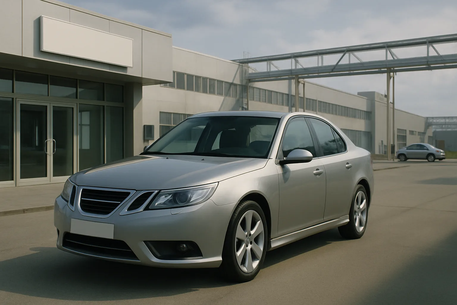 A silver sedan with tinted windows parked on a wide concrete surface beside modern industrial buildings under a hazy sky