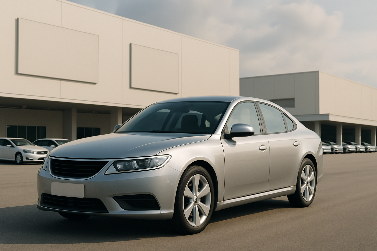 A silver sedan with smooth lines is parked on an expansive, sunlit concrete surface beside white, minimalist buildings