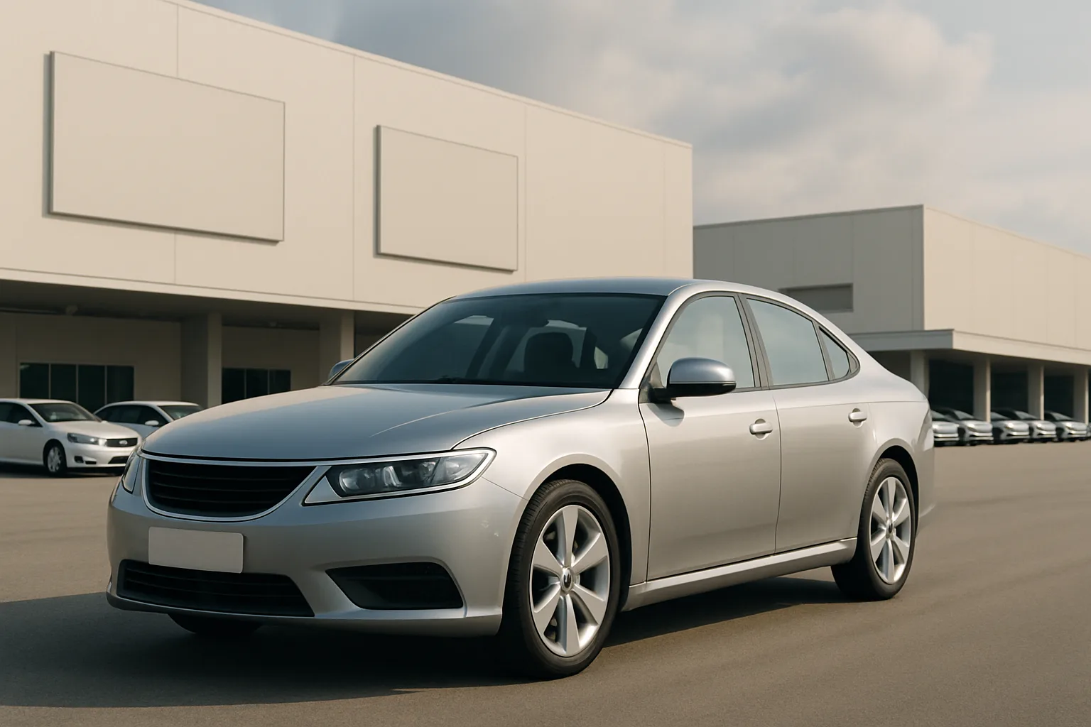 A silver sedan with smooth lines is parked on an expansive, sunlit concrete surface beside white, minimalist buildings