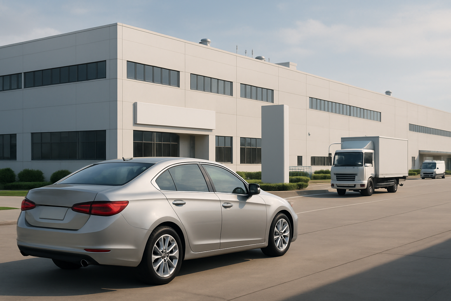 Glossy silver sedan and two boxy white trucks on a wide driveway outside a modern white industrial building in sunlight