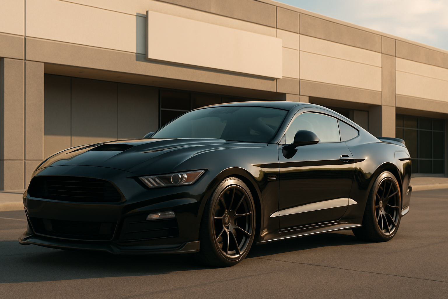 Glossy black sports coupe with bold curves, dark alloy wheels and angular headlights parked beside a modern grey building