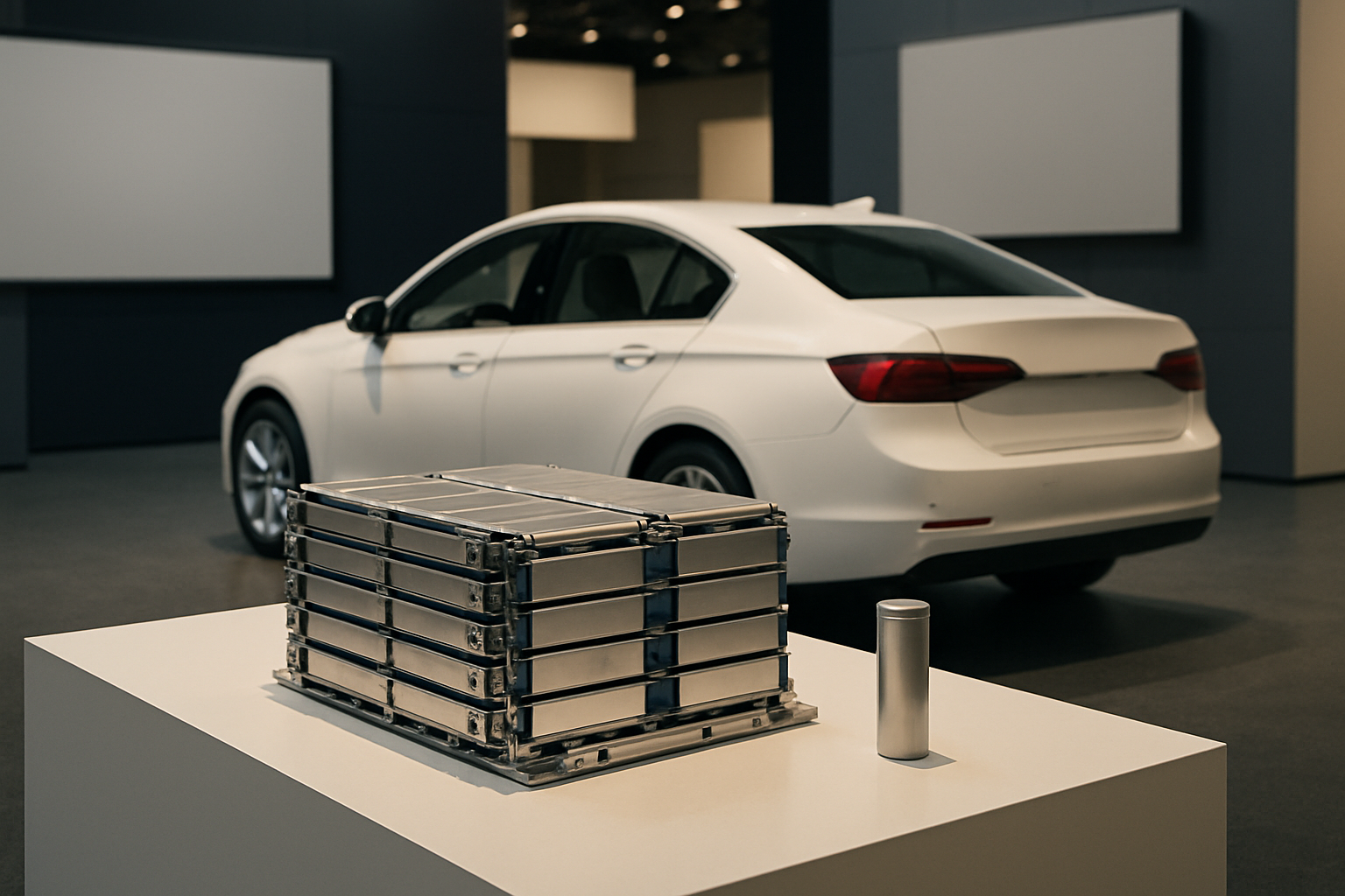 A silver modular battery pack and cylindrical cell displayed on a white pedestal, with a white car in a softly lit showroom