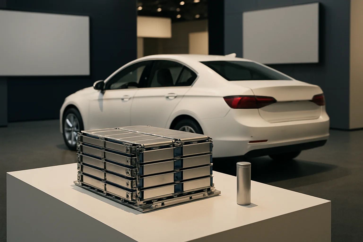 A silver modular battery pack and cylindrical cell displayed on a white pedestal, with a white car in a softly lit showroom