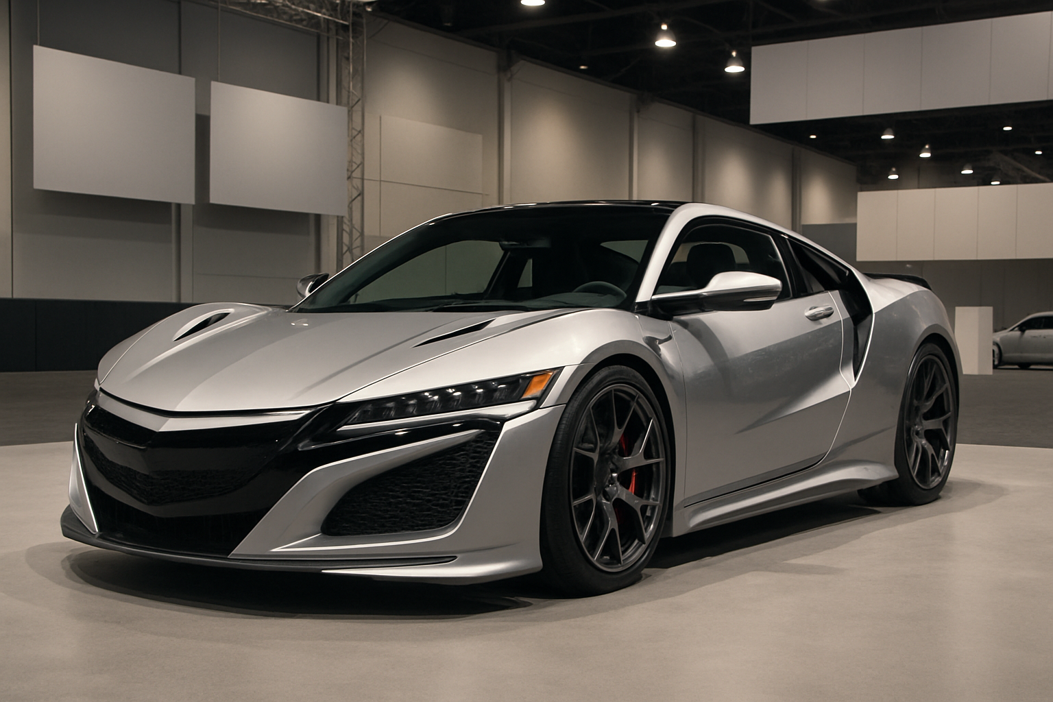 Low, wide sports car in matte silver with black roof and trim, red brake calipers, and sharp LED headlights under soft indoor lighting