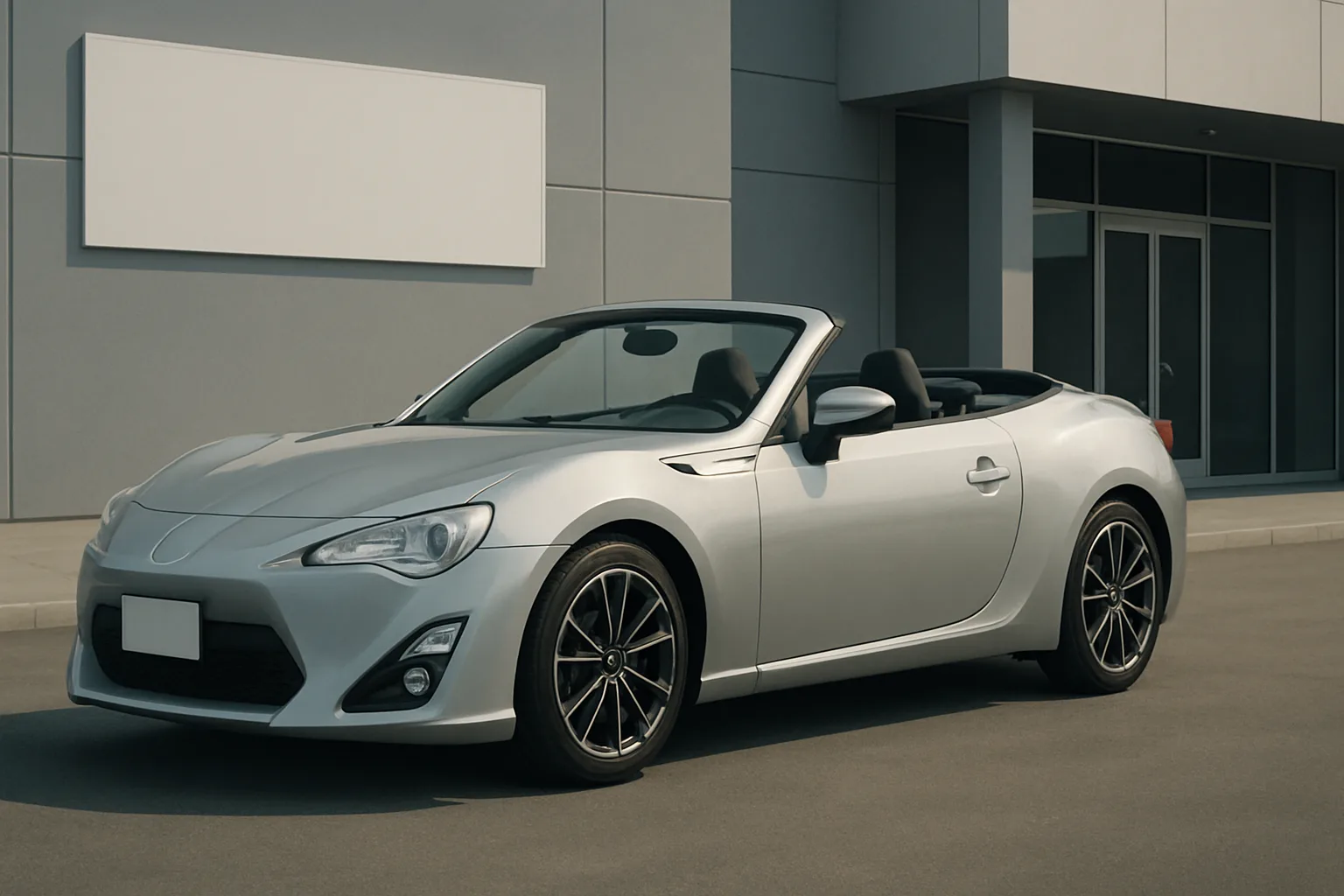 Silver convertible sports car with black interior parked on smooth pavement in front of a modern gray building in soft daylight