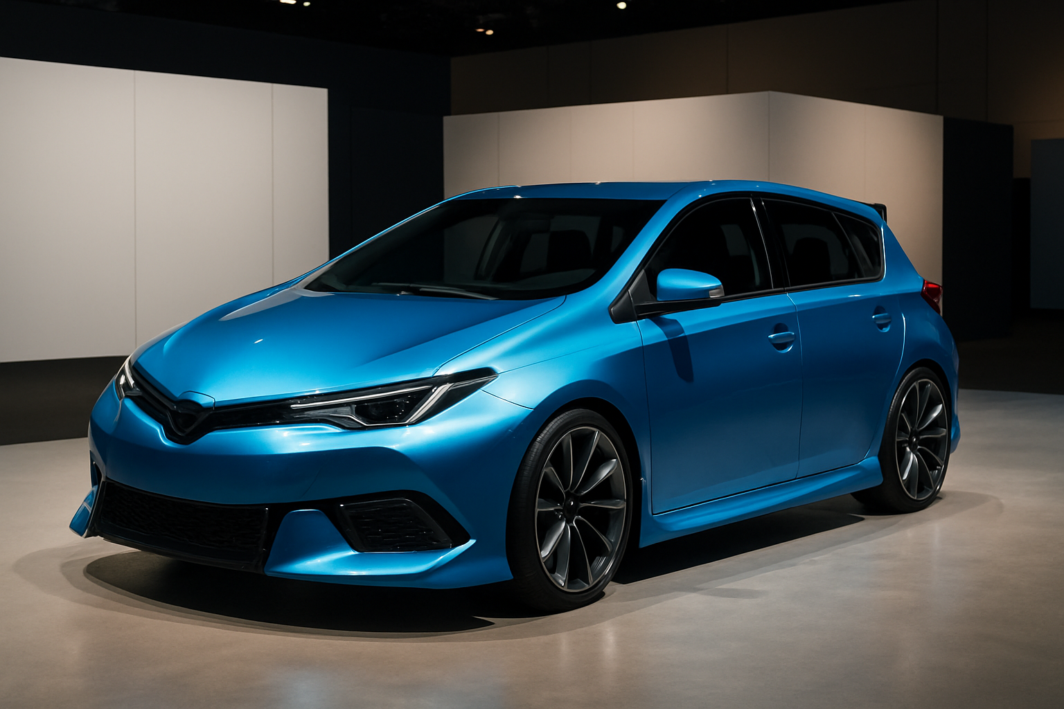 A bright blue hatchback-style concept car with black accents sits under spotlights on a smooth, neutral showroom floor