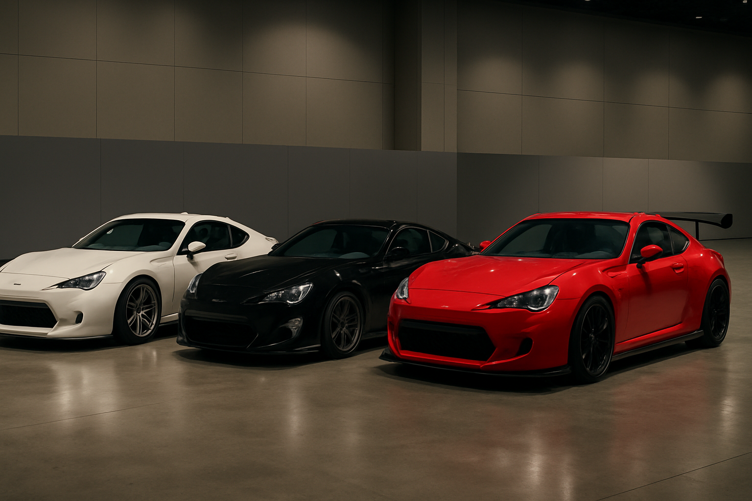 Three sleek cars in white, black, and red with low profiles and dark wheels are parked side by side under soft indoor lighting