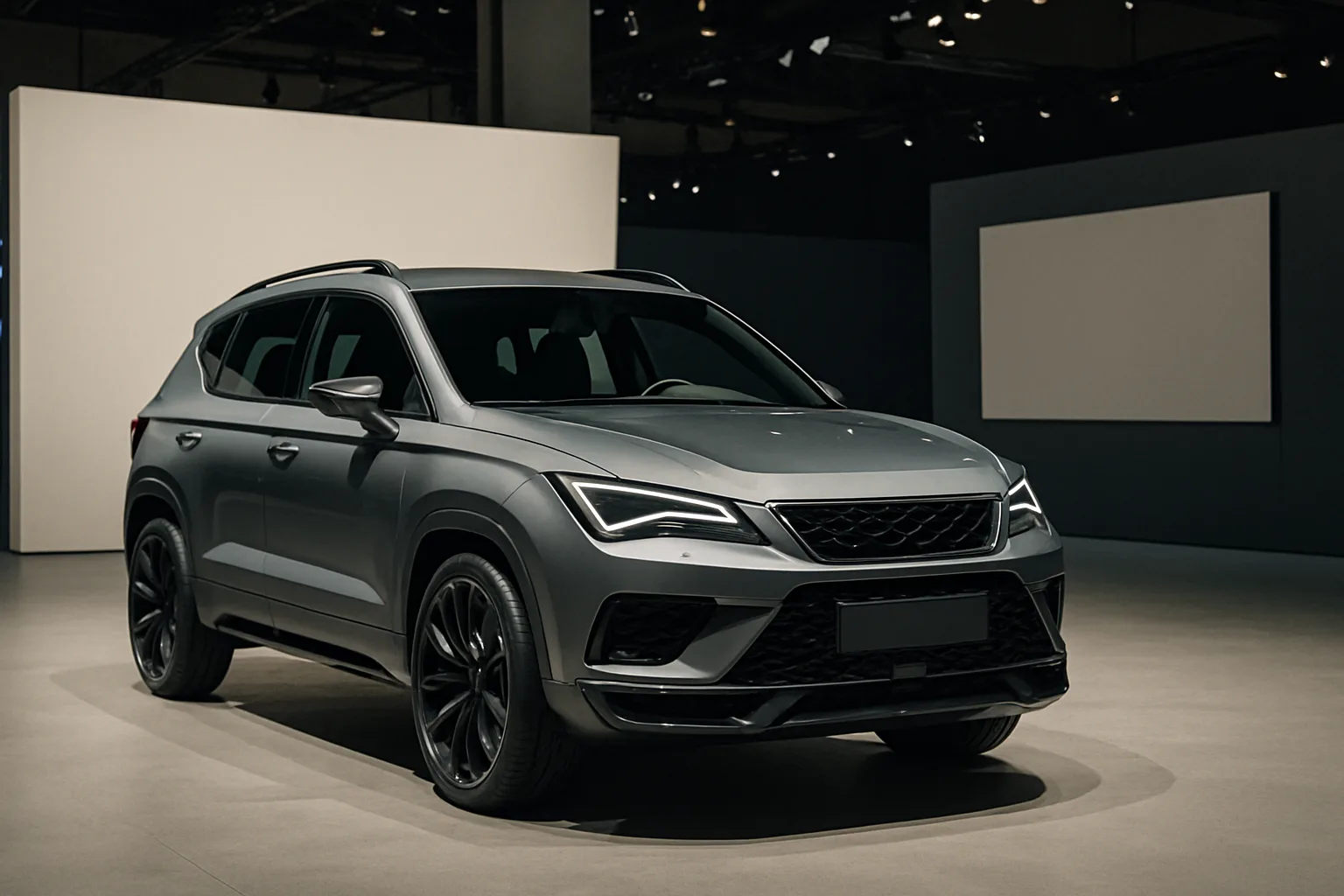 Angular matte grey SUV with large black wheels, sharp headlights and grille, displayed under soft indoor lighting
