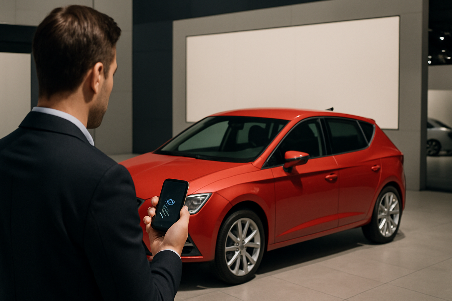 A man in a dark suit holds a smartphone towards a red hatchback car in a well-lit showroom with grey walls