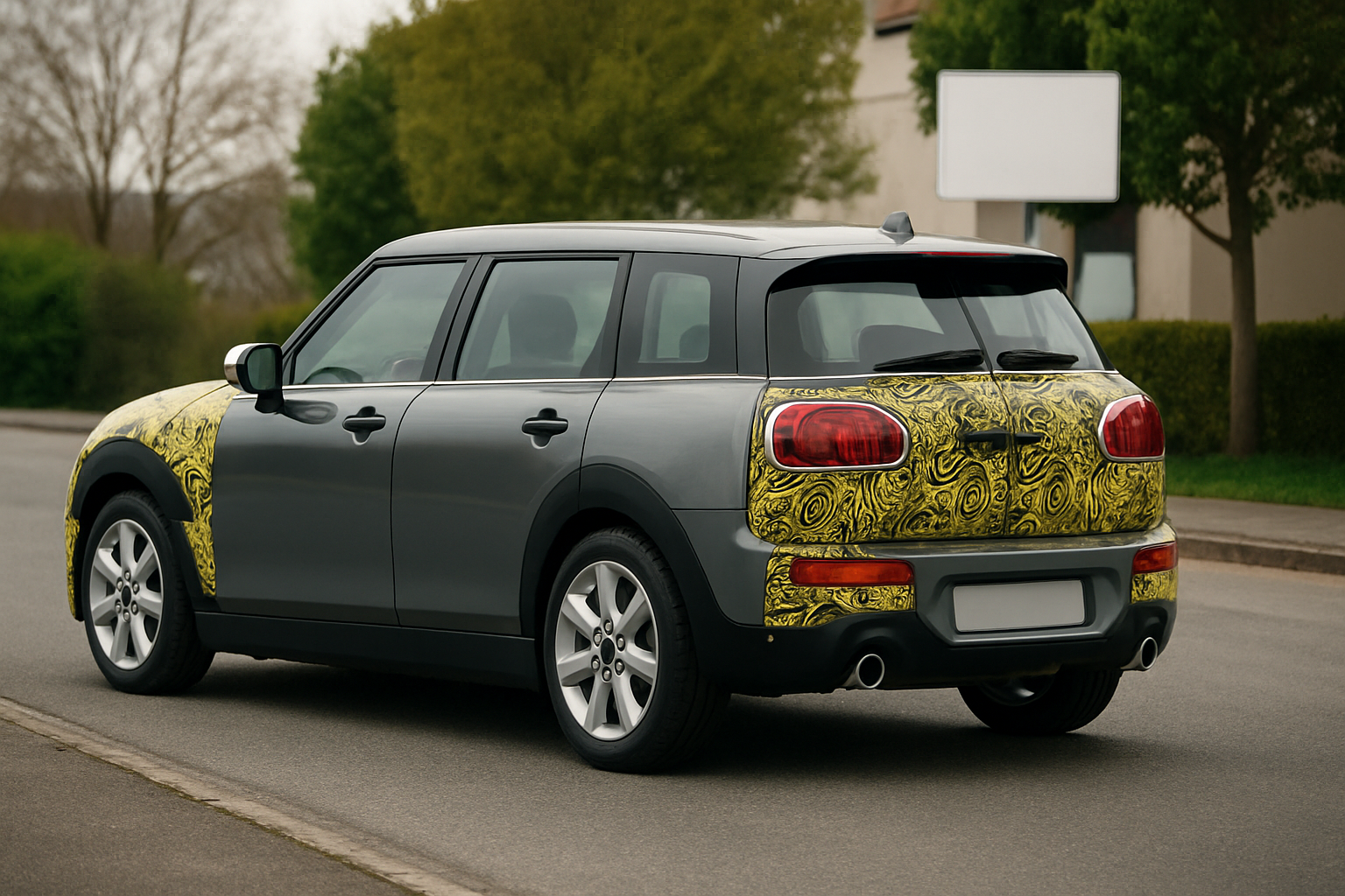 Boxy grey car with yellow swirl camouflage on front and rear panels, parked on a suburban street in natural daylight