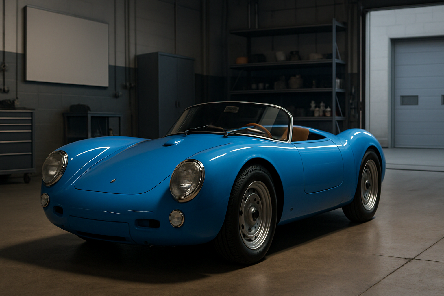 Bright blue vintage-style roadster with silver wheels and tan interior parked in a softly lit, modern garage space