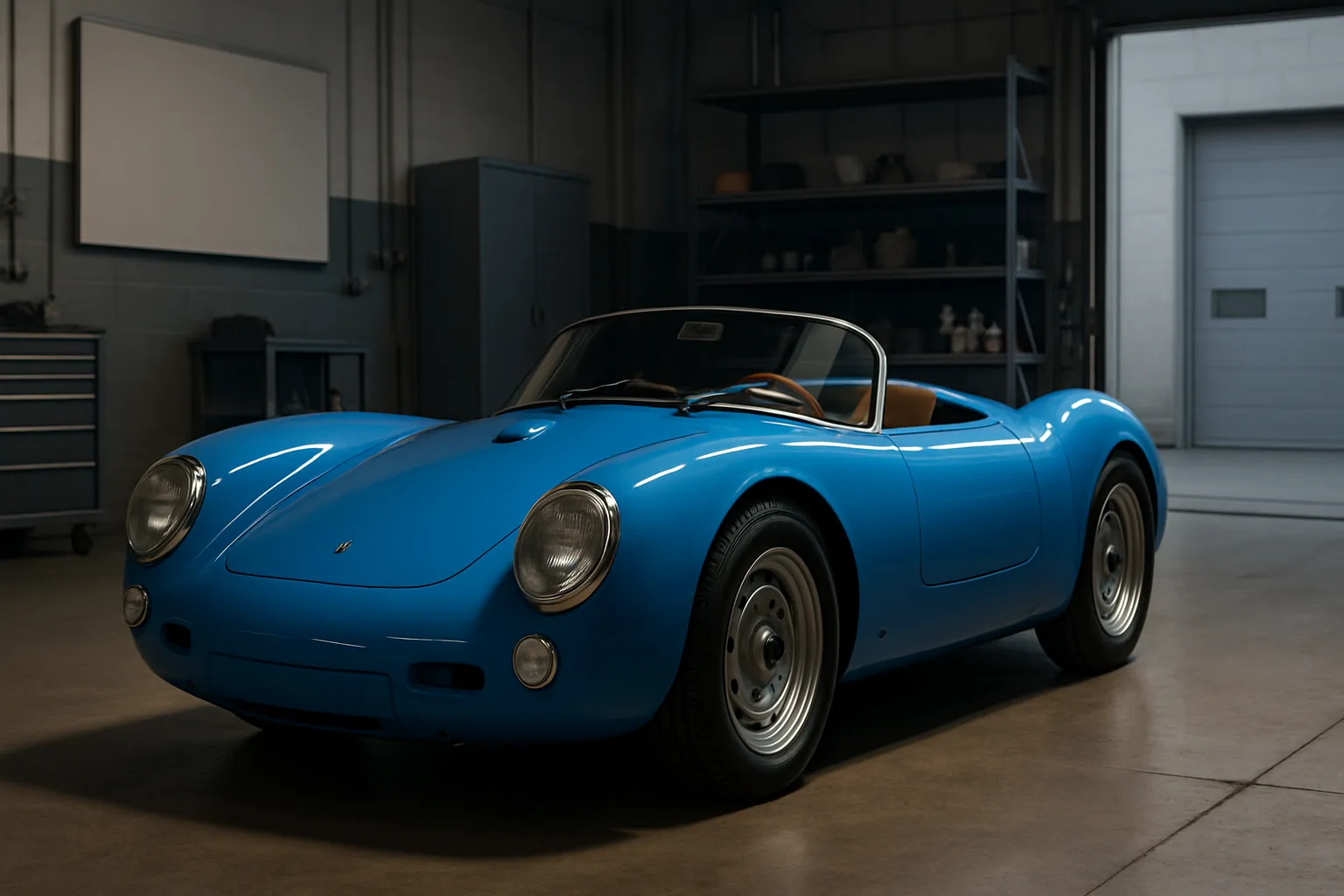 Bright blue vintage-style roadster with silver wheels and tan interior parked in a softly lit, modern garage space