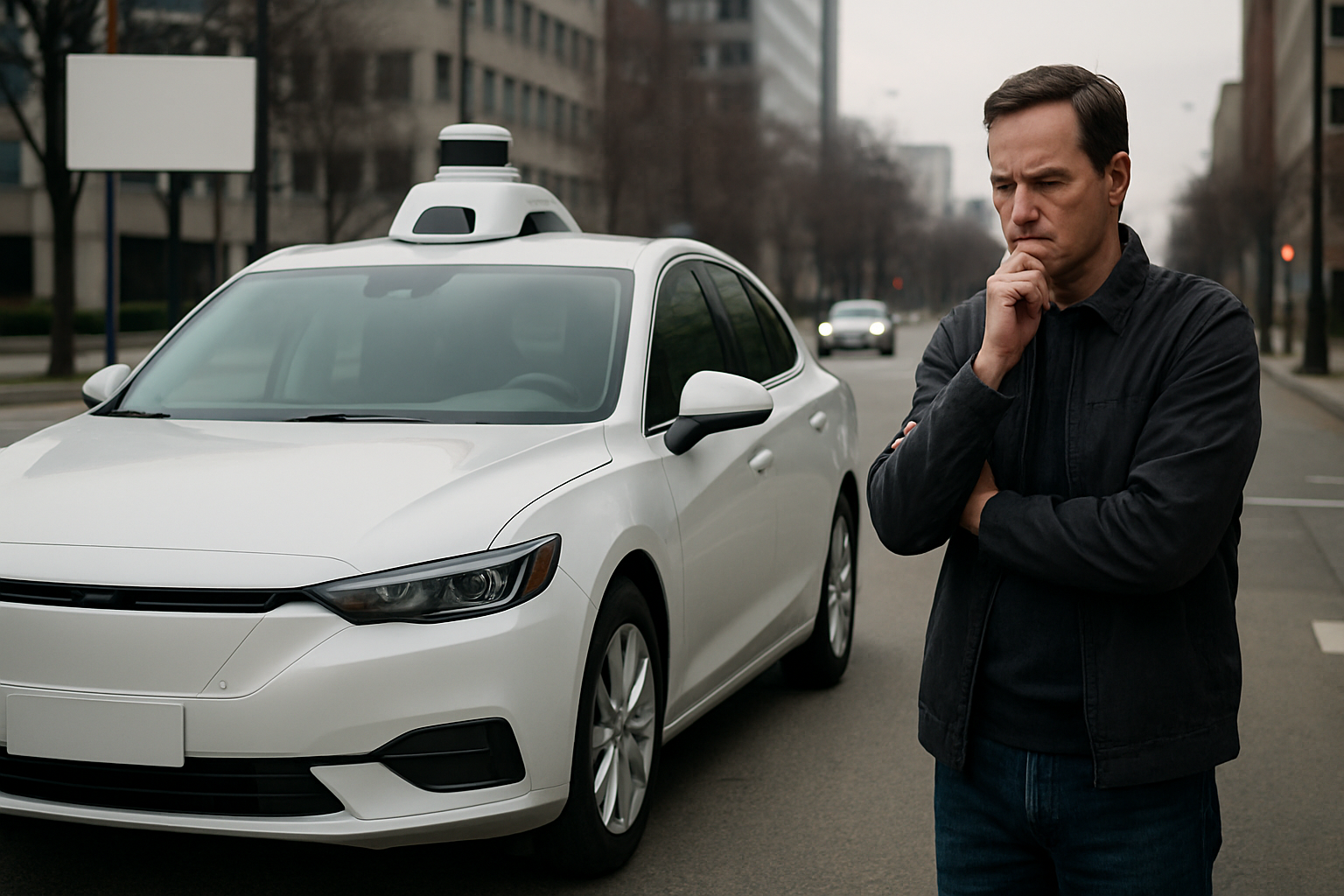 A man stands on a city street near a white car with roof sensors, looking thoughtfully with his hand on his chin