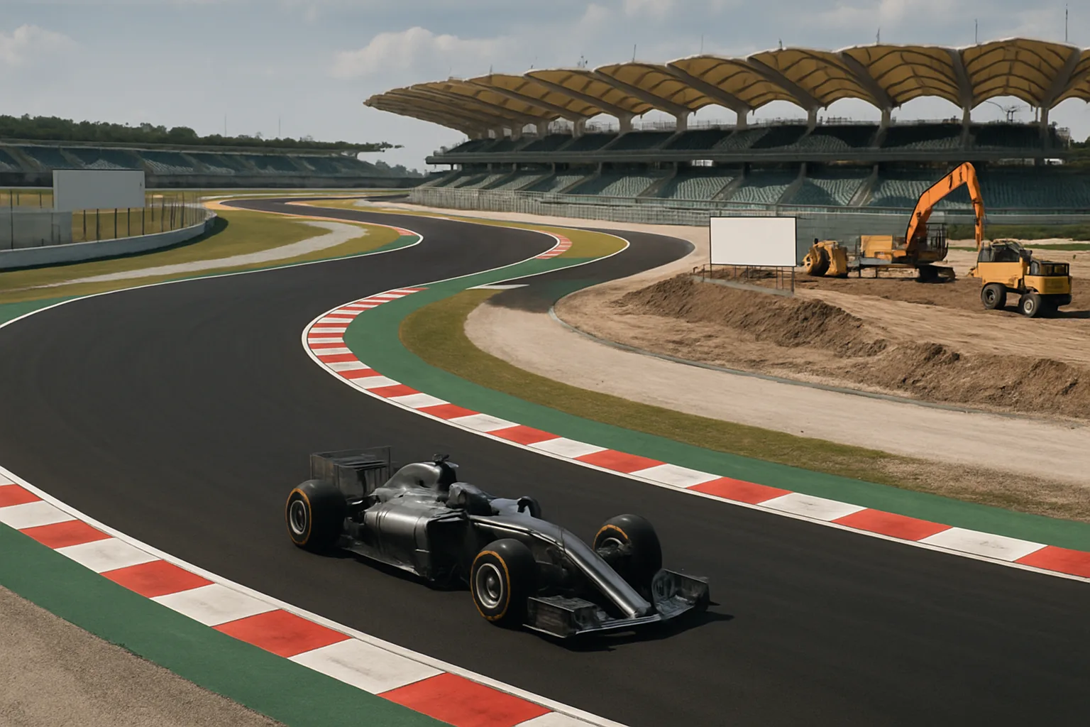 Sleek black race car on a newly surfaced track beside red and white curbs, with empty grandstands and construction vehicles