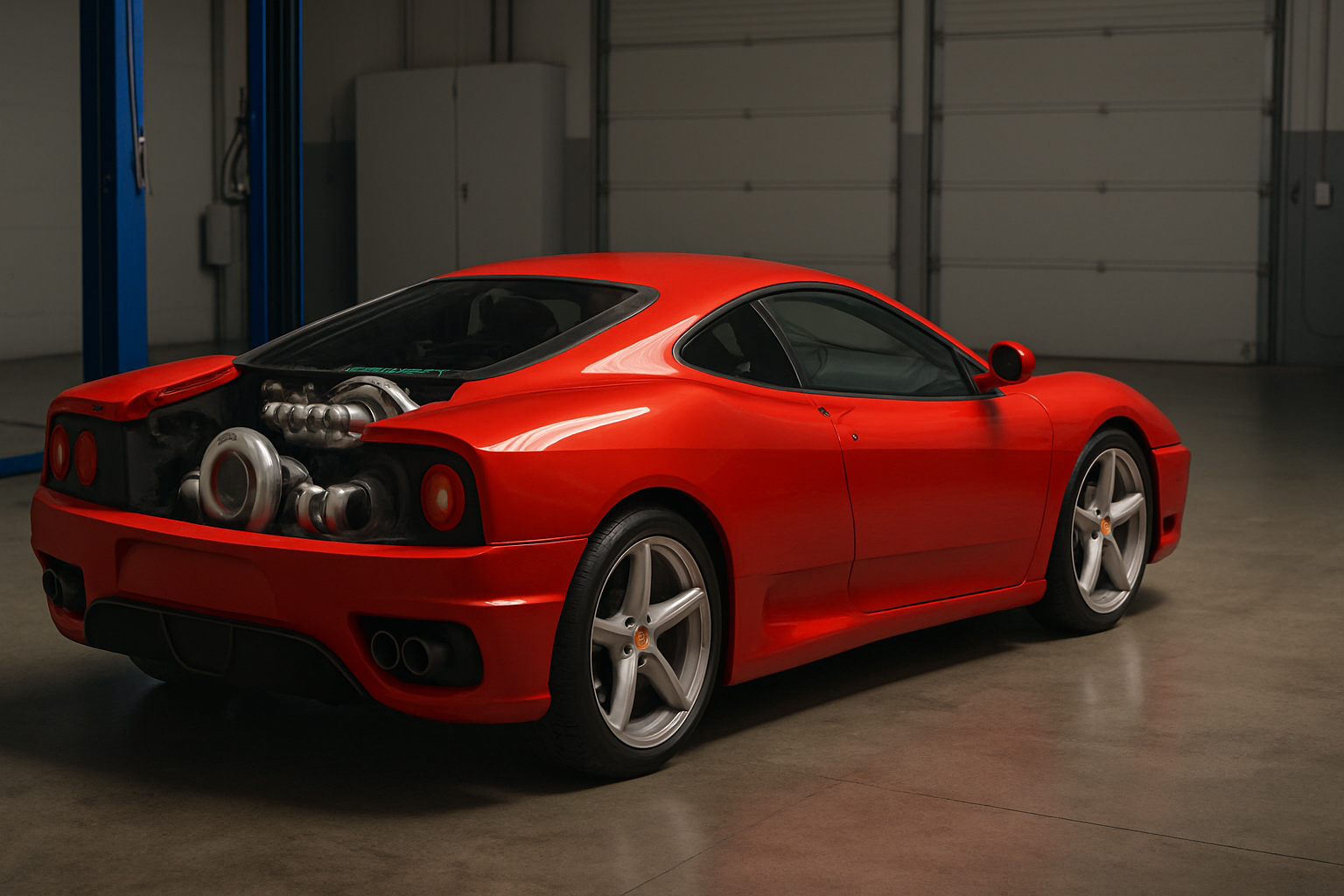 A bright red sports car with its rear engine bay exposed, showing shiny metallic turbo components, parked in a spacious garage