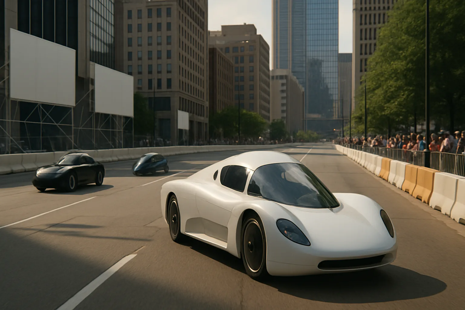 Three sleek, futuristic cars with smooth white and black bodies race along a sunlit city street lined with tall buildings