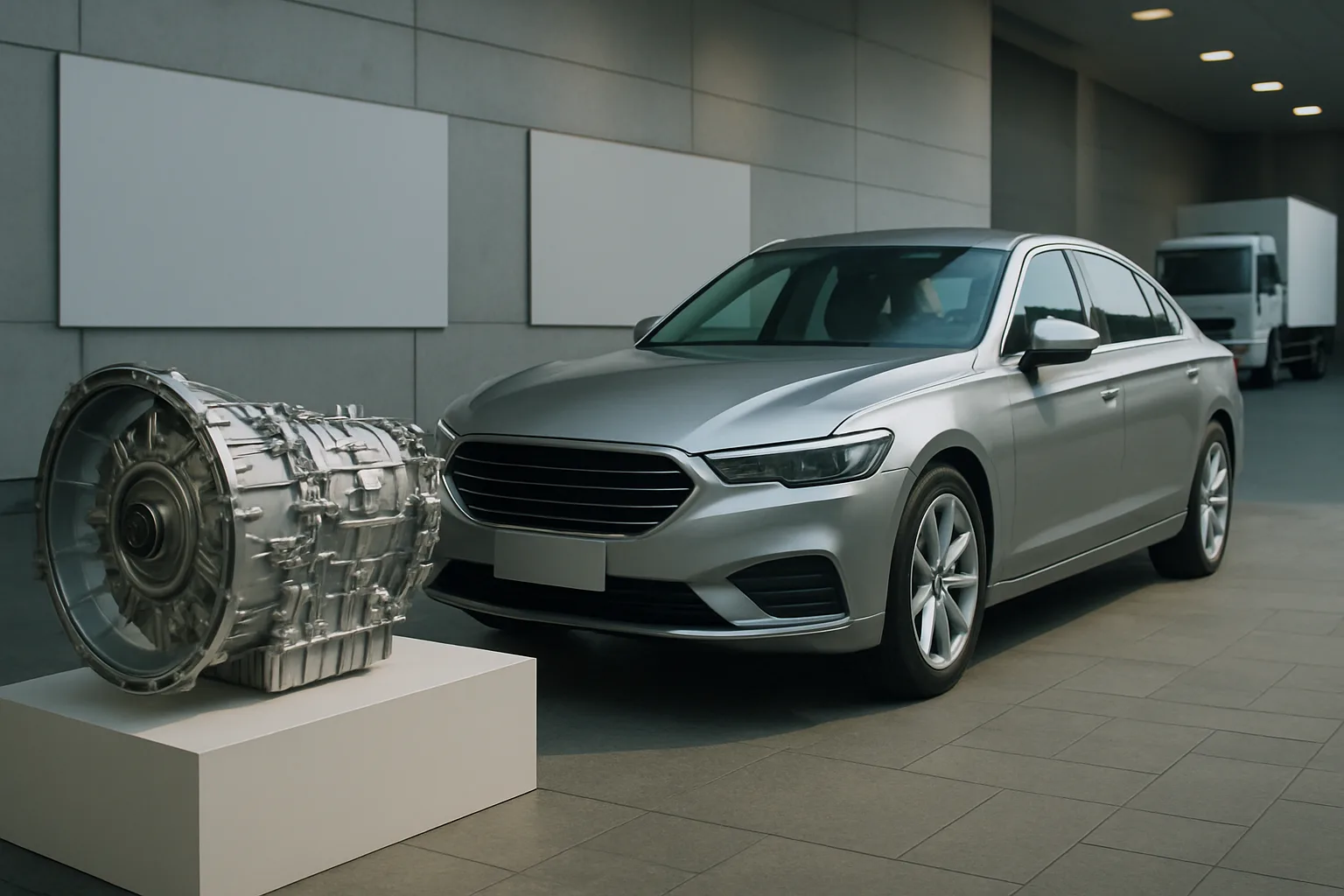A silver gearbox displayed on a white plinth beside a silver sedan in a modern, softly lit showroom space