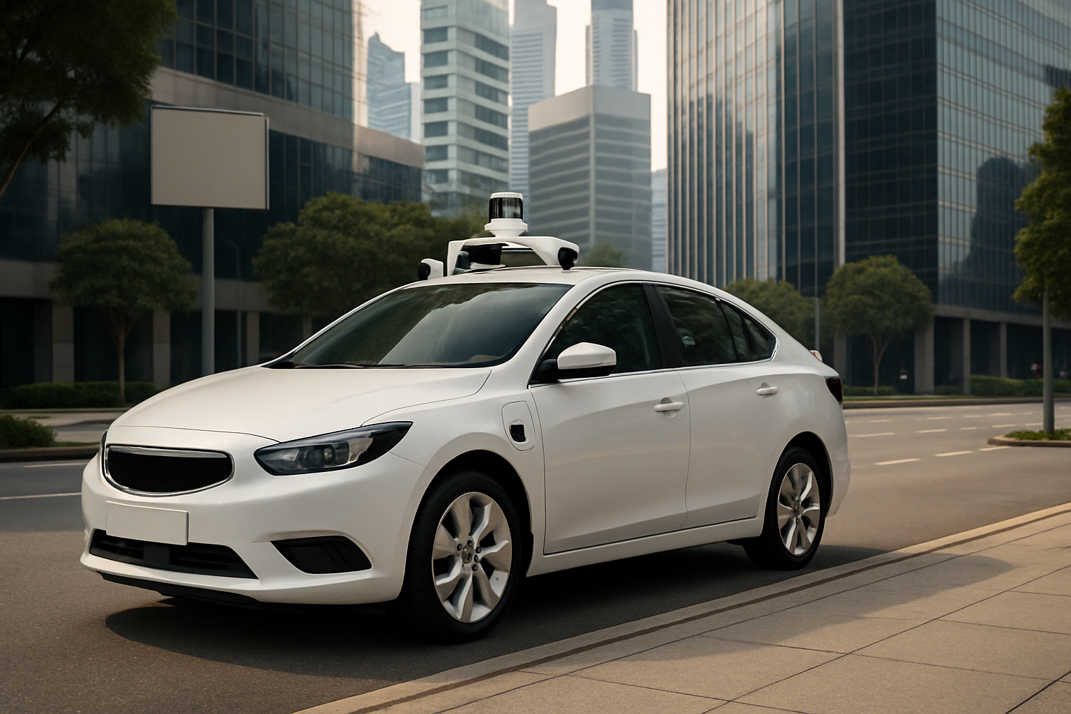White sedan with a roof-mounted sensor array parked on an empty city street lined with glass buildings and green trees