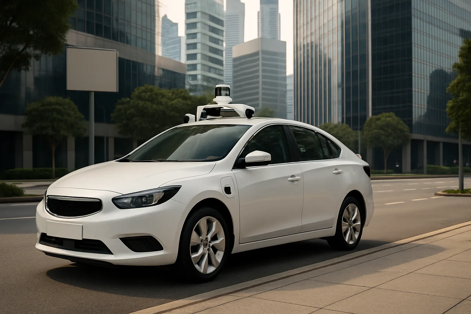 White sedan with a roof-mounted sensor array parked on an empty city street lined with glass buildings and green trees