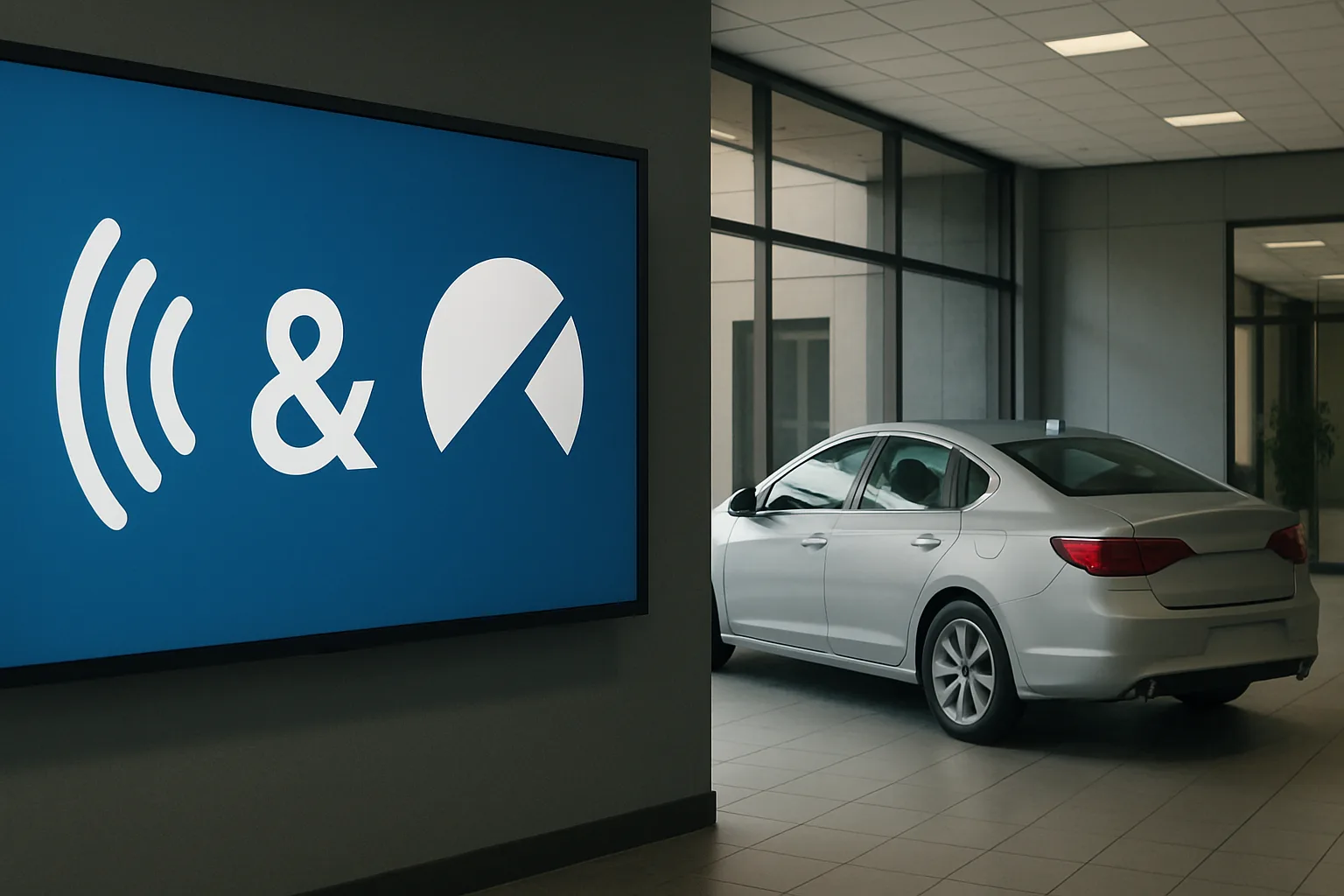 A silver car parked indoors beside a blue digital sign with bold white abstract symbols and shapes