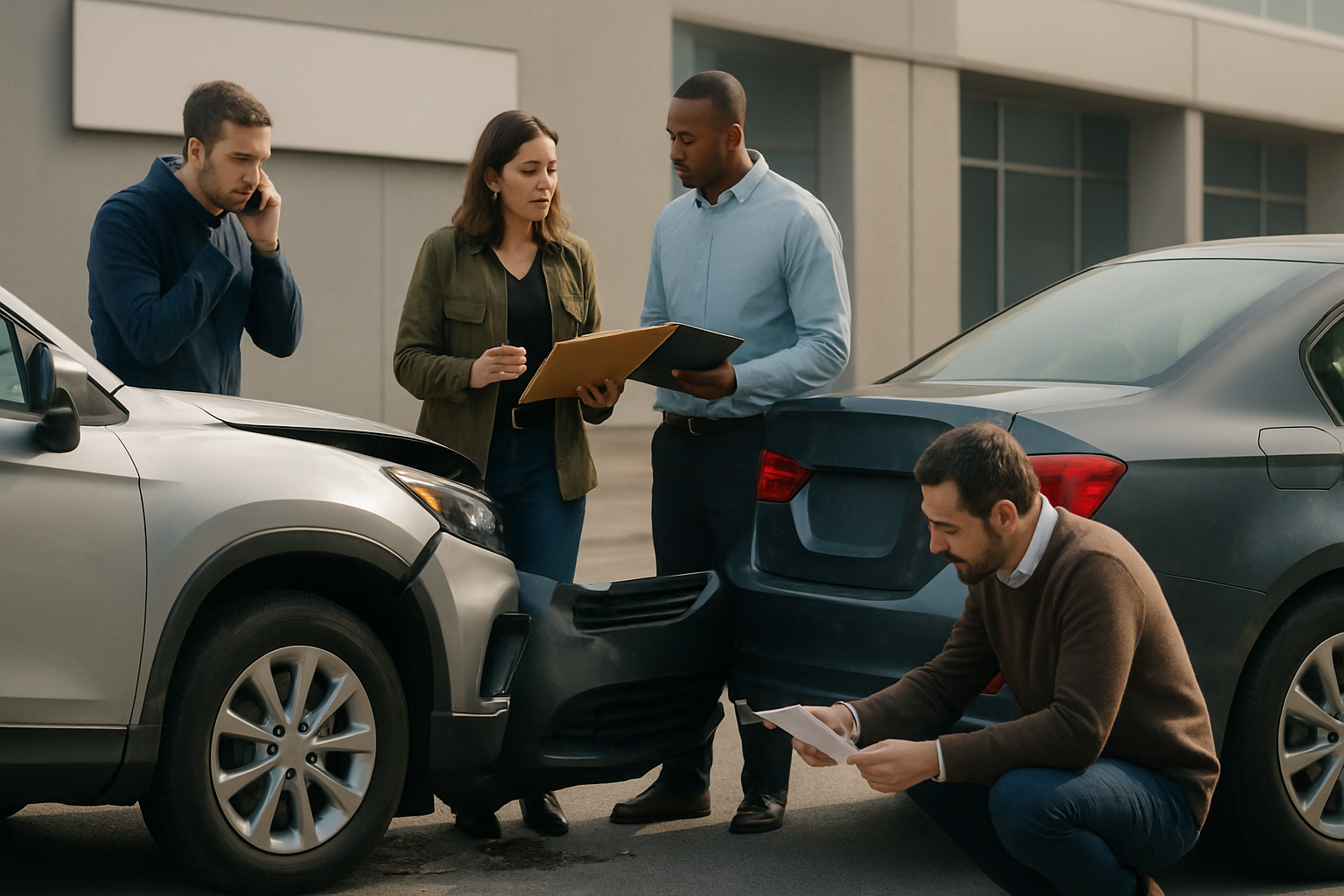 Four people stand next to two cars with visible bumper damage, holding documents and talking in a parking lot