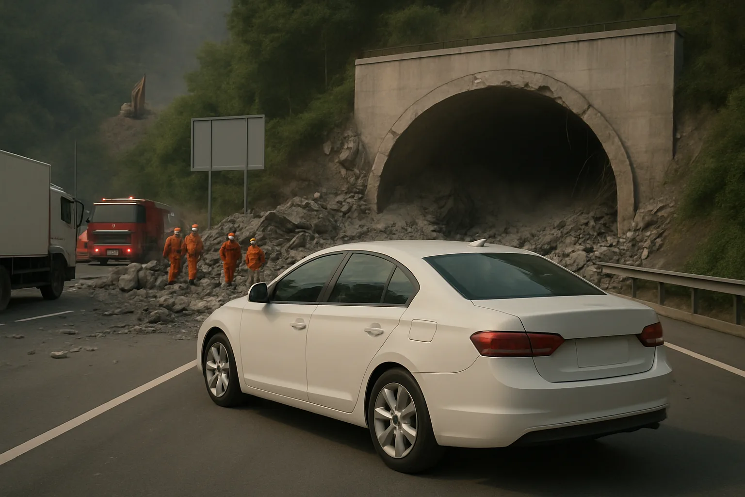 A white sedan stopped on a highway near a tunnel entrance blocked by rubble, with workers in orange uniforms nearby